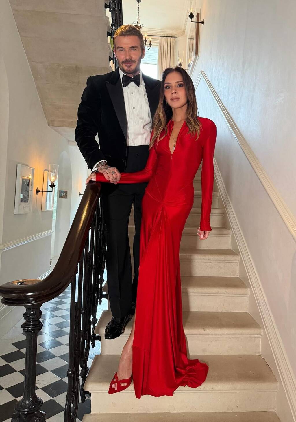 Victoria Beckham Dons Dramatic Red Gown in Glam Date Night With