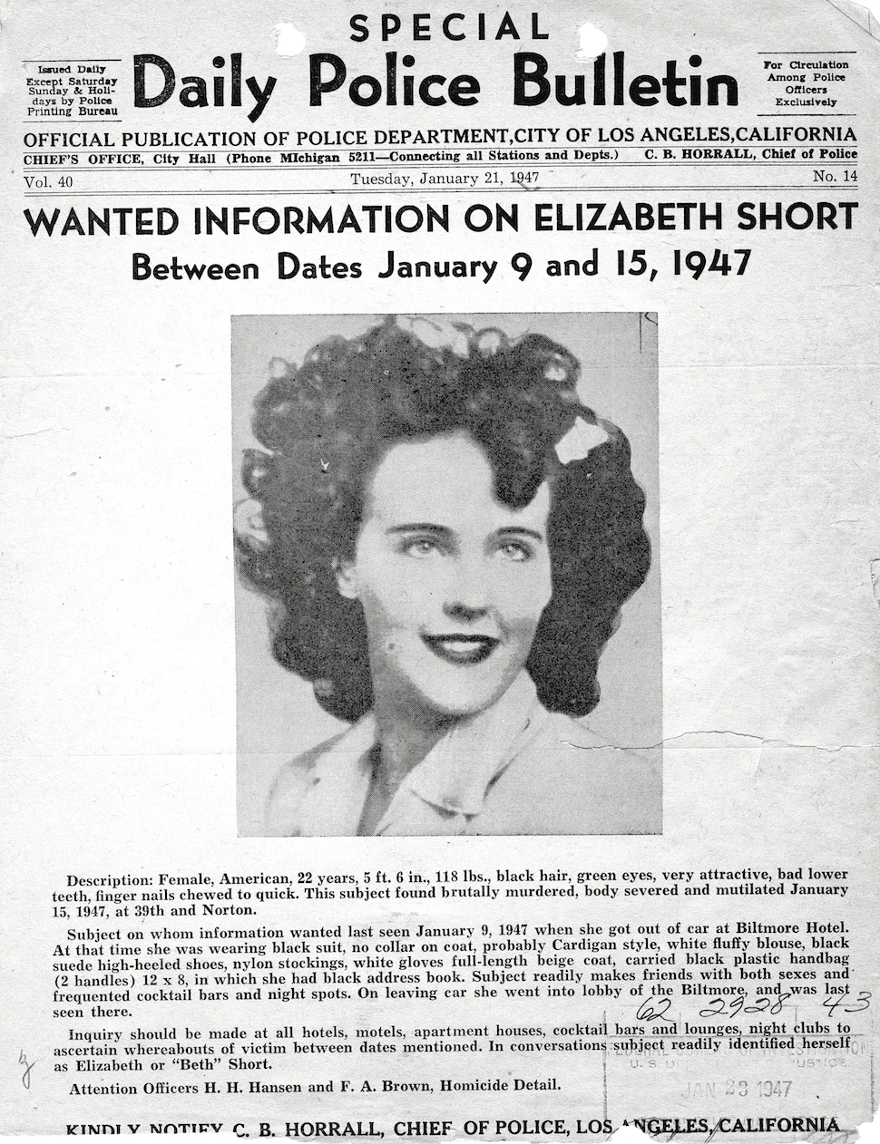 A Los Angeles Police Department flyer on Elizabeth Short
